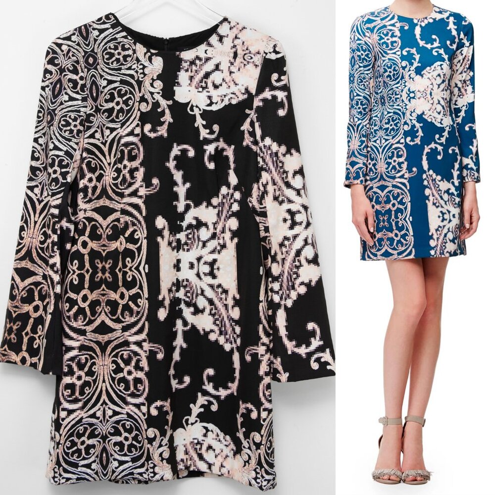 Nanette Lepore Sheath Dress Scrollwork Pixel Mini Long Sleeve Pink Black Size 8